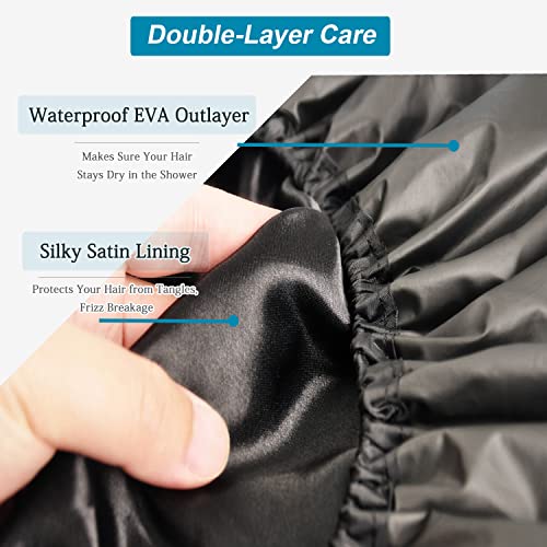 3 Pcs Super Jumbo Adjustable Satin Lined Shower Caps for Long Hair & Braids, Extra Large Shower Cap for Women & Men, Reusable XL with Waterproof Edge for Dreadlocks, Locs (Black)