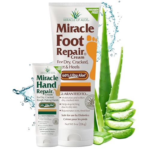 Miracle Foot Repair Cream, 8 oz + 1 oz Miracle Hand Repair, Healing Aloe Vera Lotions for Dry, Cracked Hands and Feet (8 oz Foot Cream + 1 oz Hand Cream)