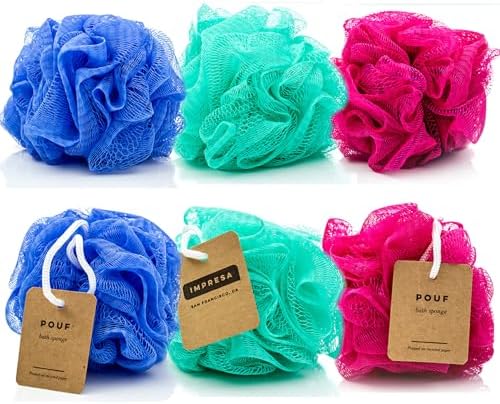 IMPRESA Mesh Bath & Shower Loofah Sponges 6-Pack - 5-Inch Blue Exfoliating Body Puffs - Rich Lather for Men & Women