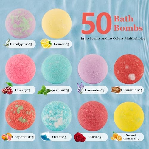 Bath Bombs for Women Gift Set, 50 Pcs Natural Organic Bubble Bathbombs with 10 Rich Scents, Handmade Bubble Bath Fizzy, for Bubble Bath Spa,Her/Him,Wife,Girlfriend,Mother Present Giving