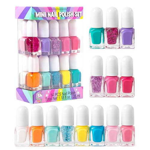 SIMPLE PLEASURES Unicorn Rainbow Kids Nail Polish Set for Girls – 14 Water-Based Non -Toxic Nail Art Kit - Gift Set for Ages 7-12