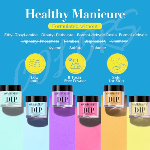 AZUREBEAUTY Bright Summer Dip Powder Nail Set, 6 Colors Pink Blue Purple Yellow Orange Dipping Powder Nail Starter Kit French Art Manicure DIY Mother's Gift for Women, No Need Nail Lamp Cured