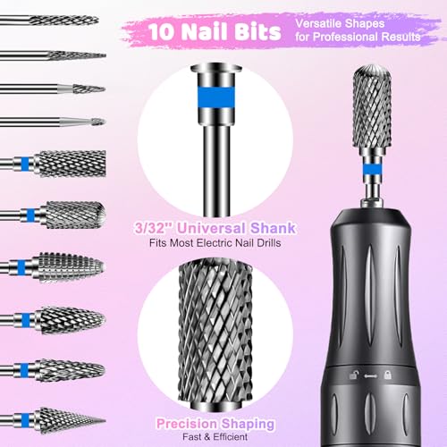 CGBE Nail Drill Bits Set: 10PCS Tungsten Carbide Nail Drill Bits for Acrylic Nails, 3/32'' Shank Professional Nail Bits for Nail Drill Cuticle Drill Bit for Home Salon Nail Enthusiasts Manicurist