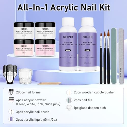Acrylic Nail Kit - Clear Pink White Nude Powder & Liquid Monomer Set with Brush, Nail Forms, Extension Kit for Beginners with Everything for Home DIY
