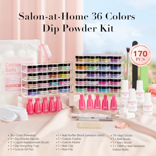 AZUREBEAUTY 170Pcs Dip Powder Nail Kit Starter, 36 Colors Pastel Pink Purple Blue Yellow Dip Powder Liquid Set Spring Summer with Top/Base coat Activator for French Nails Art Gifts