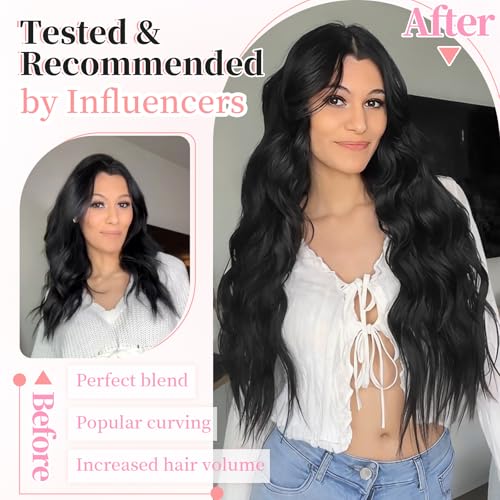KooKaStyle Clip in Synthetic Hair Extensions Long Wavy 4PCS Thick Hairpieces Black Fiber Double Weft Natural Hair Extensions 24 Inch for Women