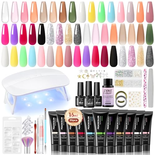 PEACECOLOR 45Pcs Poly Nail Gel Kit with U V Light, 25 Colors Glitter Pink Nude Blue Green Nail Extension Gel Starter Kit with Slip Solution Glossy Matte Top Coat DIY Home Salon
