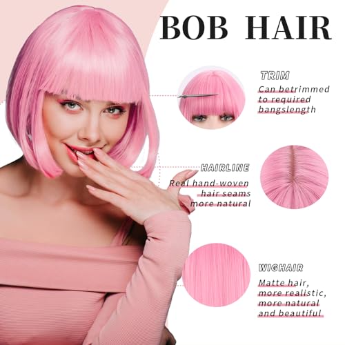 Pink Bob Wig With Bangs - Short Straight Bob Bangs Wig, 12Inch Heat Resistant Synthetic Hair, Natural Looking For Daily Party Use