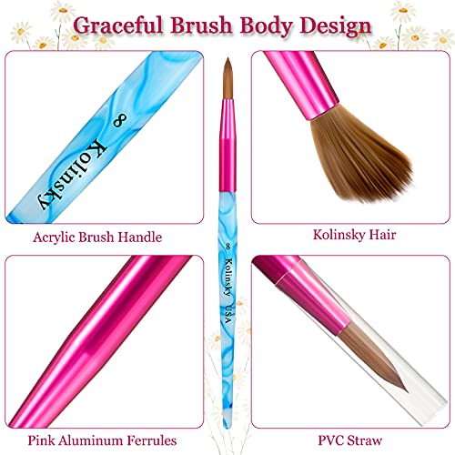 5 Pieces Kolinsky Nail Brush Set - Acrylic Application Brushes With Crimped Shaped Handle for Nail Art Manicure - Sizes 6, 8, 10, 12, 14 (Pink, Blue and White)