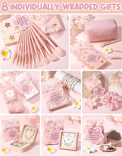 Birthday Gifts for Tween Teen Girls - 8 PCS Gifts Basket Teen Girl Gifts Trendy Stuff Girls Fun Empower Gift Box w/Task Tags Make up Brushes Makeup Bag, Graduation Gifts Idea for Her Niece Daughter