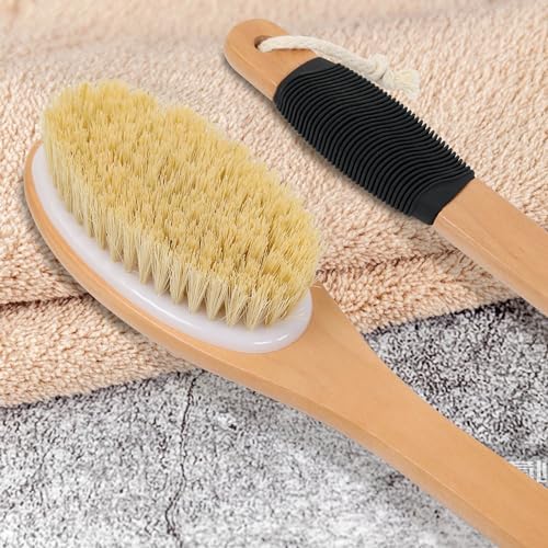 OWIIZI Back Scrubber Brush for Shower, Long Stiff Bristle Body Bath Brushes, Wooden Curved Long Handle Skin Exfoliator for Men Women Wet or Dry Use