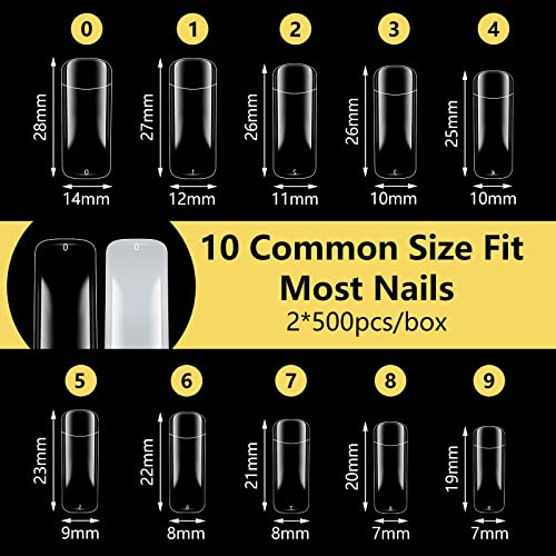 1000PCS Square Nail Tips for Acrylic Nails Professional, Fake Clear Natural Acrylic Short Square French Artificial Nail Tips Half Cover with Acrylic Nail Clipper, 2PCS Nail Files for Nail Salon Home