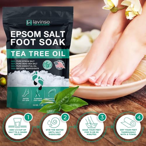 Tea Tree Oil Foot Soak with Epsom Salt - Made in USA - for Toenail Health, Athletes Foot, Stubborn Foot Odor, Softens Calluses & Soothes Sore Tired Feet - 1 LB