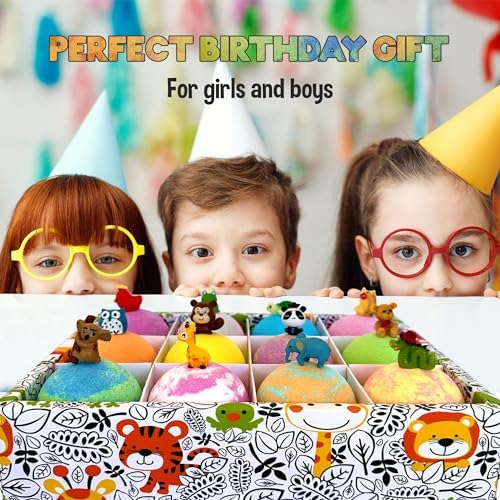 Bath Bombs for Kids with Surprise Inside, 12 Bubble Bath Fizzies with Jungle Animal Toys. Moisturizing, Gentle & Kids Safe, Rainbow Spa Bath Fizz, Birthday Gifts for Boys, Girls