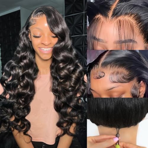 30 Inch 13x6 Body Wave Lace Front Wigs Human Hair 200 Density HD Transparent Lace Frontal Wigs Human Hair Elastic Drawstring Glueless Wigs Human Hair Wig For Black Women (Black, 30 Inch, body)