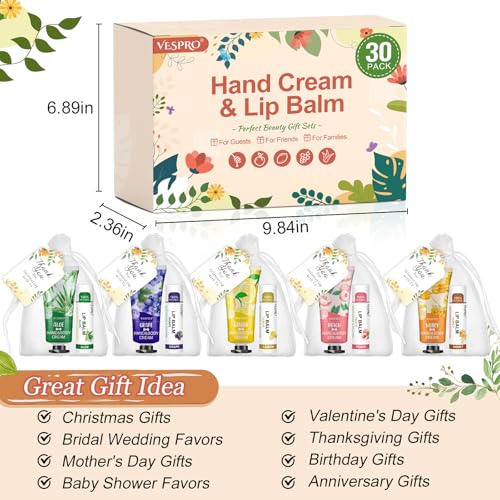 30 Sets Bulk Hand Lotion and Bulk Lip Balm Gifts, Bridal Shower Favors, Bridesmaid Gifts and Wedding Favors for Guests with Thank You Card and Organza Bags, Employee Appreciation Gifts, Birthday Gifts