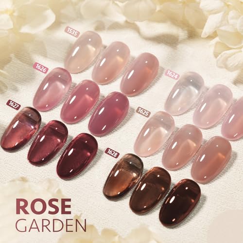 GAOY Gel Nail Polish Kit with UV Light for Beginners, 6 Colors Sheer Nude Red Pink Brown, Gel Polish Kit with Top and Base Coat for Salon and Nail Art DIY at Home, Rose Garden