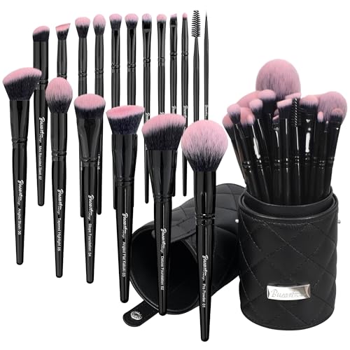 Bueart Design 18Pcs Pro Deluxe Fuchsia Pink Black Makeup Brushes set with Travel Make up Brush Holder case Foundation concealer contour Blush eyeshadow face make up brush set