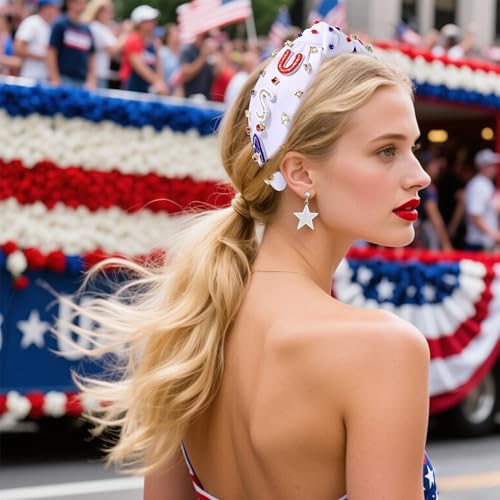 MOLOCH USA Headband 4th of July Red White Blue USA Stripe Knotted Headband for Women Rhinestone Crystal Patriotic Hairband Party Hair Accessory