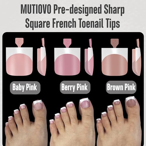 French Tip Toe Nail Tips Press on, Sharp Square Pre-Designed Soft Gel False Toenail Extension, BERRY PINK Pre-applied Tip Primer & Base Coat, Full Cover Acrylic for DIY x 15 Sizes 240 pcs