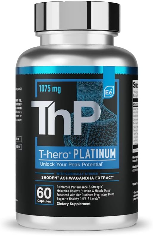 Essential Elements T-Hero Platinum Male Health Supplement for Mens Health - Muscle Growth Support & T-Health with Shoden Ashwagandha, Shilajit, DIM & More - Gym Supplements for Men - 60 Caps