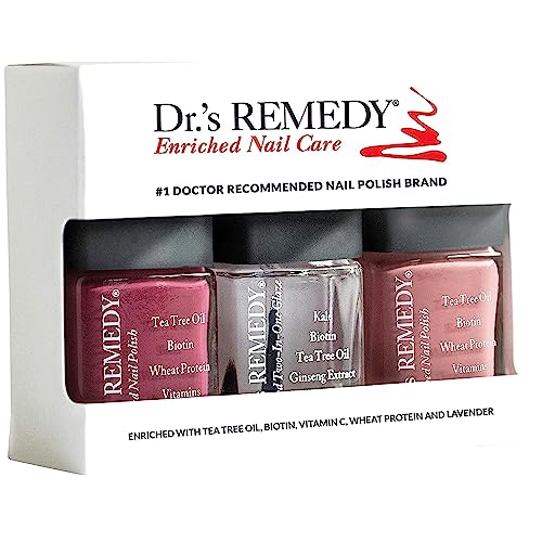Dr’s Remedy 3 Pack Nail Polish Kit, ANNIVERSARY Kit, All Natural Enriched Nail Strengthener Non Toxic and Organic - BRAVE Berry/TOTAL Two-in-One Glaze/RESILIENT Rose