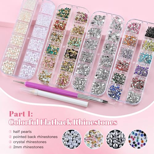 10 Boxes Nail Art Kit - 12 Colors Pointed/Flatback Rhinestones, 3D Gold/Silver/Rose Nail Studs, White Beige Half Pearls, Holographic Glitter & Foils + 3 Tools for DIY Nails & Crafts