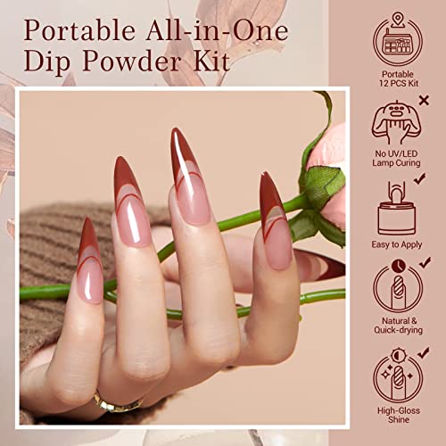 AZUREBEAUTY Dip Powder Nail Kit Starter, 4 Colors Skin Nude Brown Glitter, Acrylic Dipping Powder Liquid Set with Base/Top Coat Activator for Daily French Nail Art Manicure DIY Gift 12 Pcs