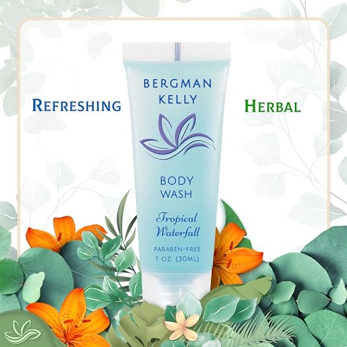 BERGMAN KELLY - Hotel Toiletries Bundle - Tropical Waterfall, 1 oz ea, 125 Pieces - 5-Piece Set: 25 ea Rectangular Bar Soap, Shampoo, Conditioner, Body Lotion & Body Wash - Bulk Mini Guest Amenities
