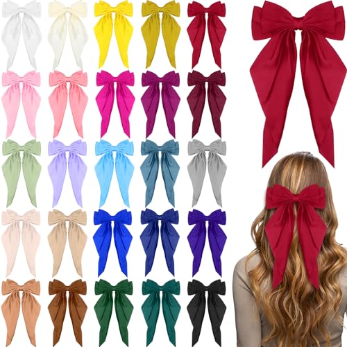 25 Pcs Satin Hair Bows Bulk Silky Big Hair Bows for Women Oversized Long Tail Ribbons Large Knot Clips Barrettes for Holiday Gifts(Plain)