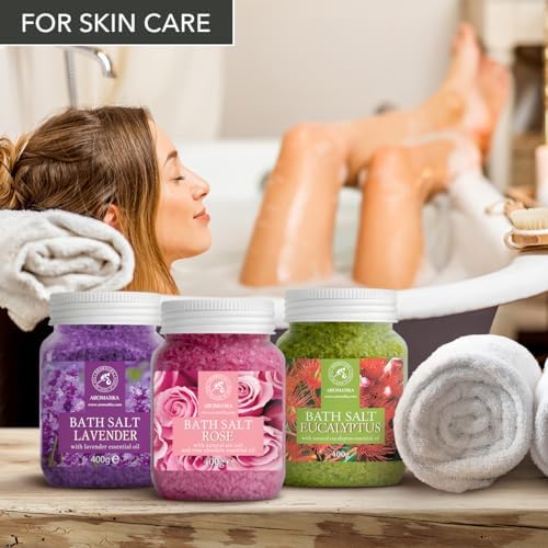 Bath Salts Set 42 Oz - Lavender - Rose - Eucalyptus - 100% Bath Salts - Lavanda Rosa Eucalitpus Salt - Best for Good Sleep - Stress Relief - Bathing - Body Care - Beauty - Relaxation - Spa