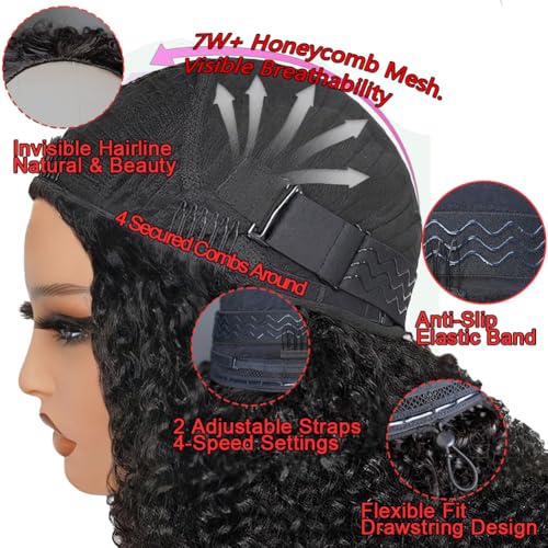 Half Wig Human Hair 200 Density Kinky Curly Half Wig 3 In 1 Seamless Flip Over Glueless Wigs Human Hair with Drawstring Beginner Friendly Curly Wig Headband Wig for Women Daily Wear 20 Inch