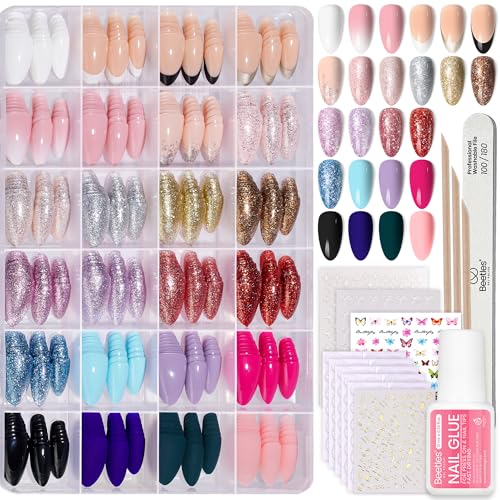 Beetles Press on Nails Kit 720Pcs 24 Colors, Press on Nails Short Almond Glossy Matte Glitter With Nail Glue & Nail Tabs Stickers, Natural Fit Lightweight Fake Nails Kit Art For Women Girls