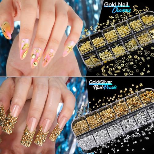 Teenitor Nail Charms Nail Stickers for Nail Art Kit, 8 Boxes Nail Rhinestones Nail Gems Pearls for Nails with 20 Sheets Nail Art Stickers, 3D Gold Nail Charms and Gems Nail Supplies Nail Art Tools