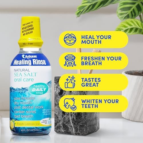 2 Pack H2Ocean Healing Rinse Mouthwash- Great Tasting Sea Salt & Xylitol Mouth Wash for Fresh Breath & Dry Mouth - Alcohol & Fluoride Free - Lemon Ice 16oz