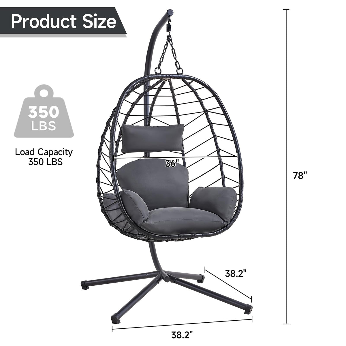 Onbrill Hanging Egg Chair with Stand, Outdoor Indoor Rattan Wicker Egg Swing Chair with Dual Chains, Dark Gray