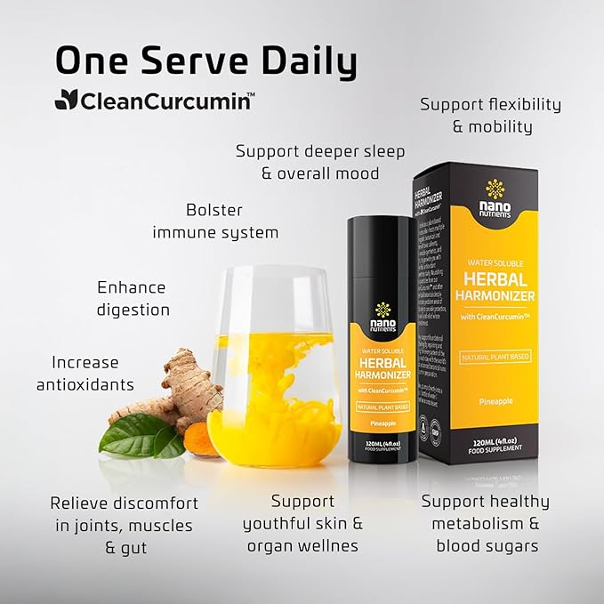 Herbal Harmonizer with CleanCurcumin(TM) - Multi Botanical Antioxidants Supplement - Water Soluble - Nano Curcumin - Holistic Wellness Defender - Healthy Drink Mix (4 fl.oz, Apple and Raspberry)