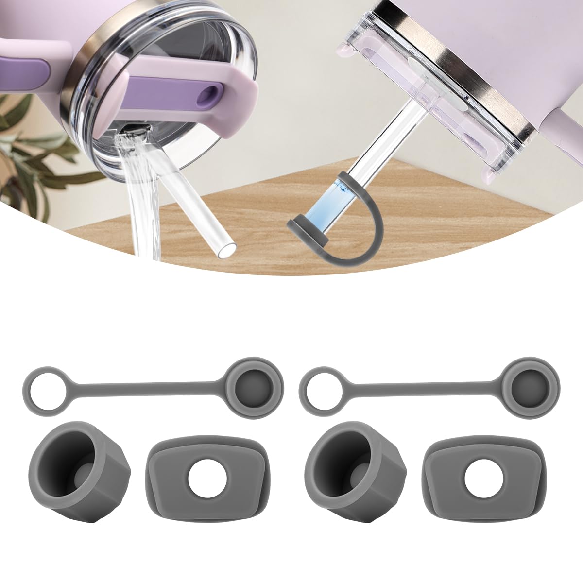 Silicone Spill Stopper Sets for Stanley 40/30 oz Quencher H2.0&1.0 Tumbler with Handle, Cup Accessories with Straw Cover Caps, Leak Stoppers(6Pcs Version 1.0&2.0) (Charcoal)