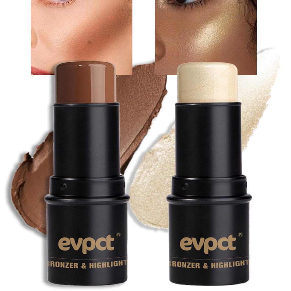 evpct 2Pcs Face Cream Contour Bronzer Sticks Makeup Highlighter Highlight Dark Brown Gold Creme Cheek Contour Sticks contorno en crema Bronzing Foundation Face Contour Stick Kit, 11+12 New Neutral