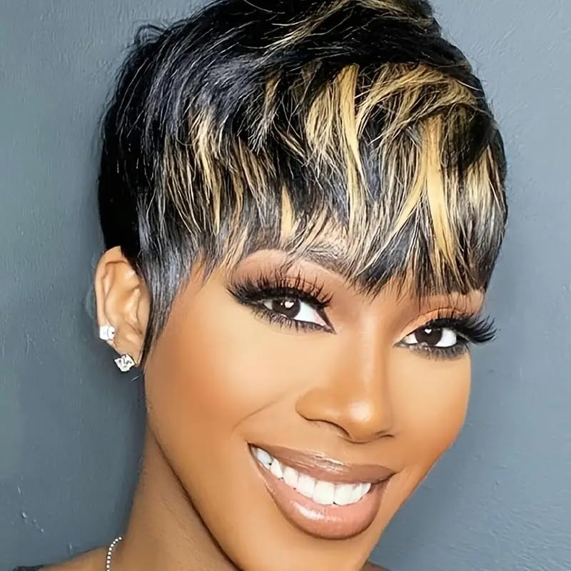 Short Pixie Cut Wig for Black Women Human Hair 1B30 Colored Short Layered Pixie Wigs With Bangs for Women Brazilian Virgin Straight Human Hair Glueless Wig (1b/30)