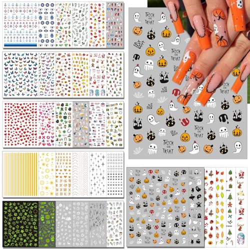 winthrop 36 Sheets All Holiday Nail Art Stickers, Mixed Season Nail Decals Set for All Year, Spring Summer 3D Self-Adhesive Colorful Pegatinas Uñas Daisy Butterfly 4th of July Halloween Christmas