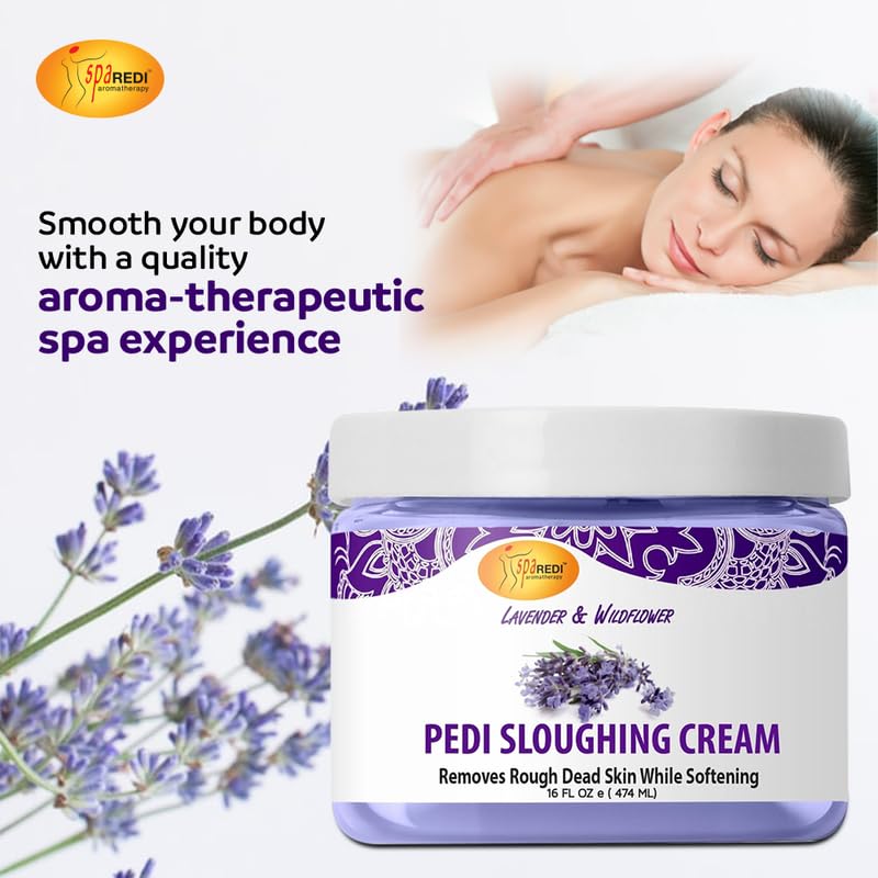 SPA REDI - Foot Cream, Sloughing Lotion, Lavender and Wildflower 16 Oz - Pedicure Massage Foot Care for Dry Cracked Feet, Scrub Gently, Exfoliating, Smooths and Eliminates Buildup of Dead Skin