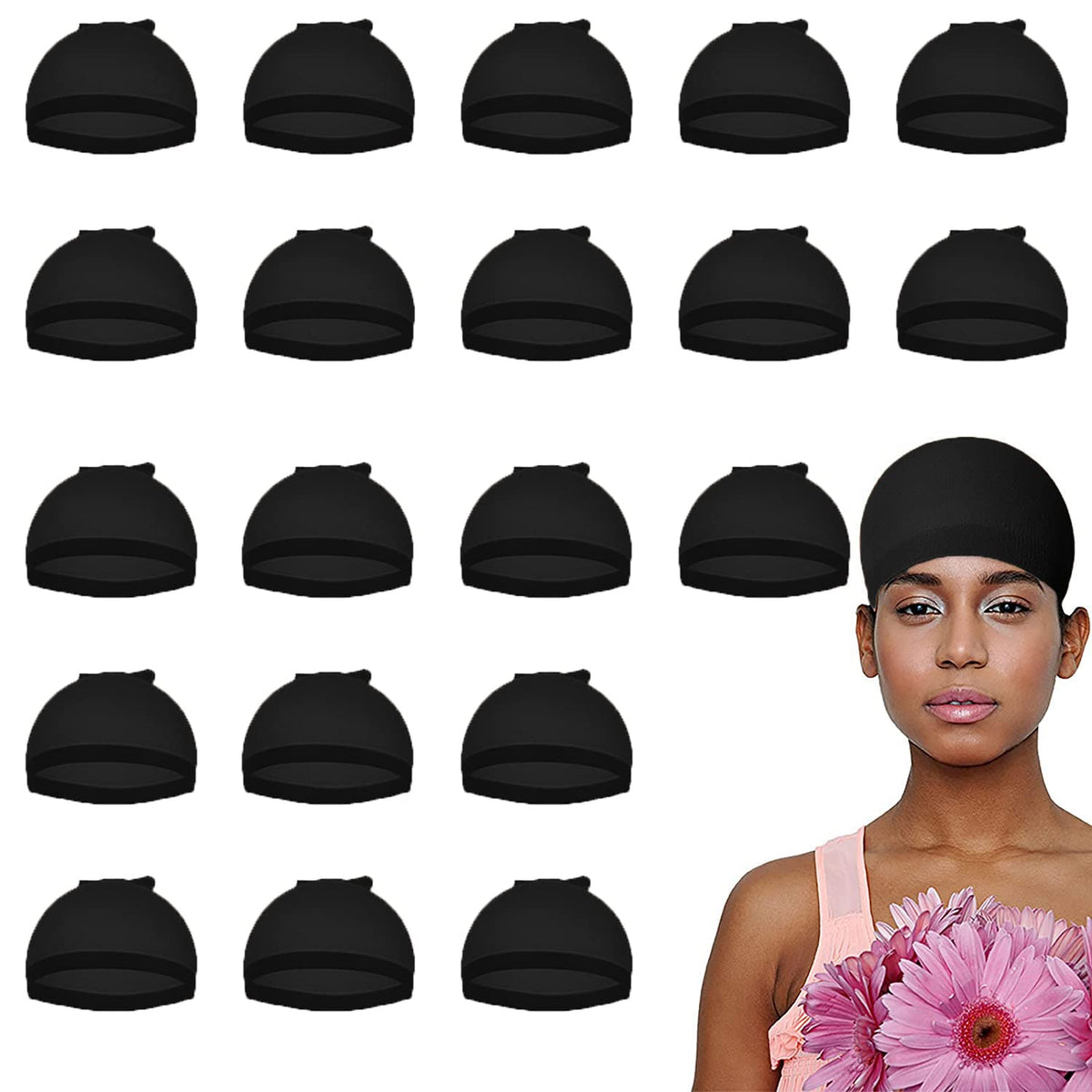 Smilco 20-Piece Black Lace Front Stocking Cap - Stretchy Nylon Wig Cap for Women's Wigs, Black