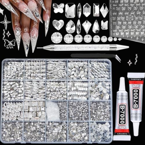 6400Pcs Silver Clear Nail Rhinestones 600Pcs, Multishapes Big Nail Gemstones +5800Pcs 1.5-6.5mm Flat Back Round Crystal Beads with B7000, Nail Decals, Multsize Flat Back Glass Stones for DIY Art