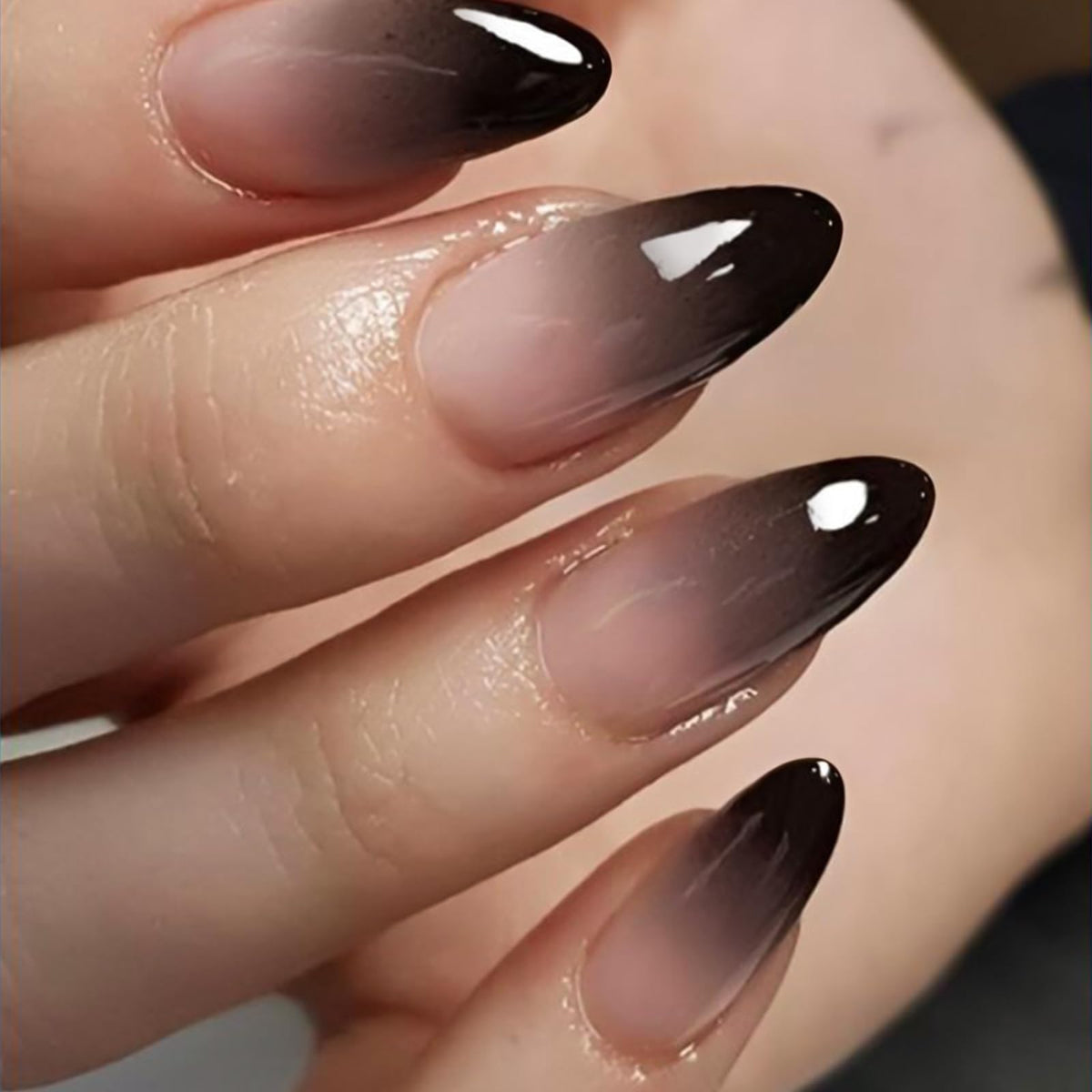 YOSOMK Fake Nails Medium Almond Press on Nails with Designs Ombre Black False Nails Glossy Glue on Acrylic Nails for Women and Girls