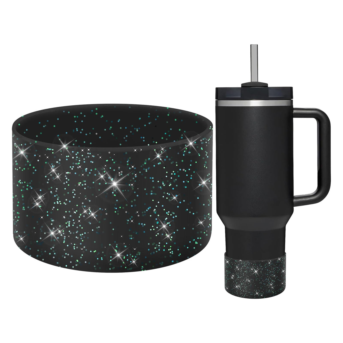 WUQID Protective Bling Silicone Boot Sleeve, Compatible with Stanley Tumbler 20-40oz & Hydro Flask Bottle 12oz-24oz, Glitter Reduces Dents Sleeve Cover for More Bottles/Tumblers Bottom of 2.83-2.95in
