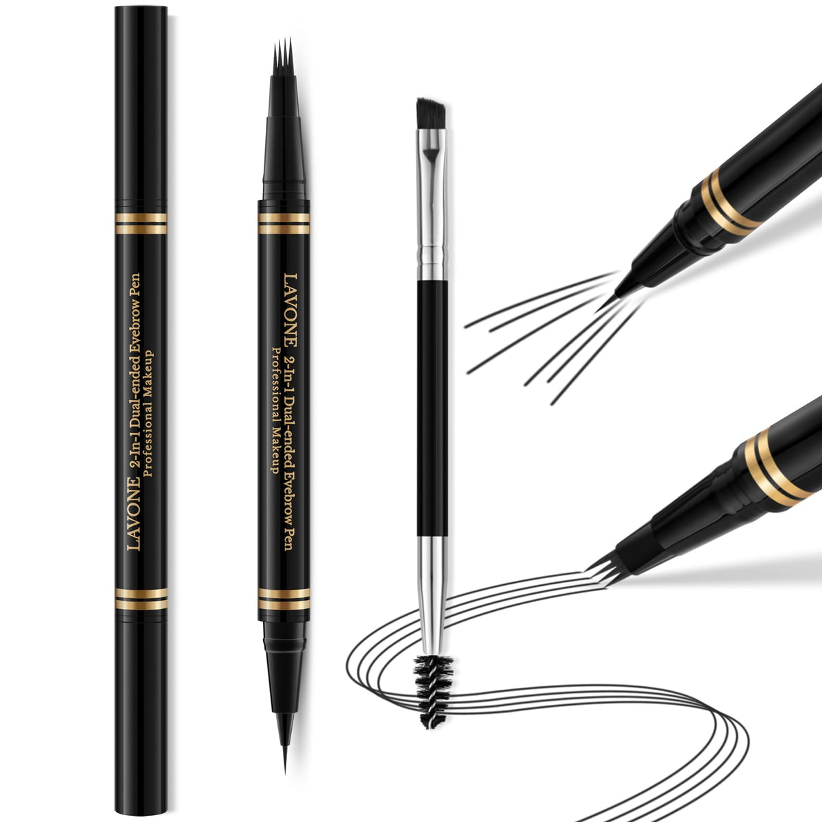 Eyebrow Pen,2-in-1 Waterproof Eyebrow Pencil with 4 Tip Microblading Brow Pen and Ultra-Precise Brow Pencil,with Dual-ended Eyebrow Brush,Eyebrow Makeup for Natural Looking - Black