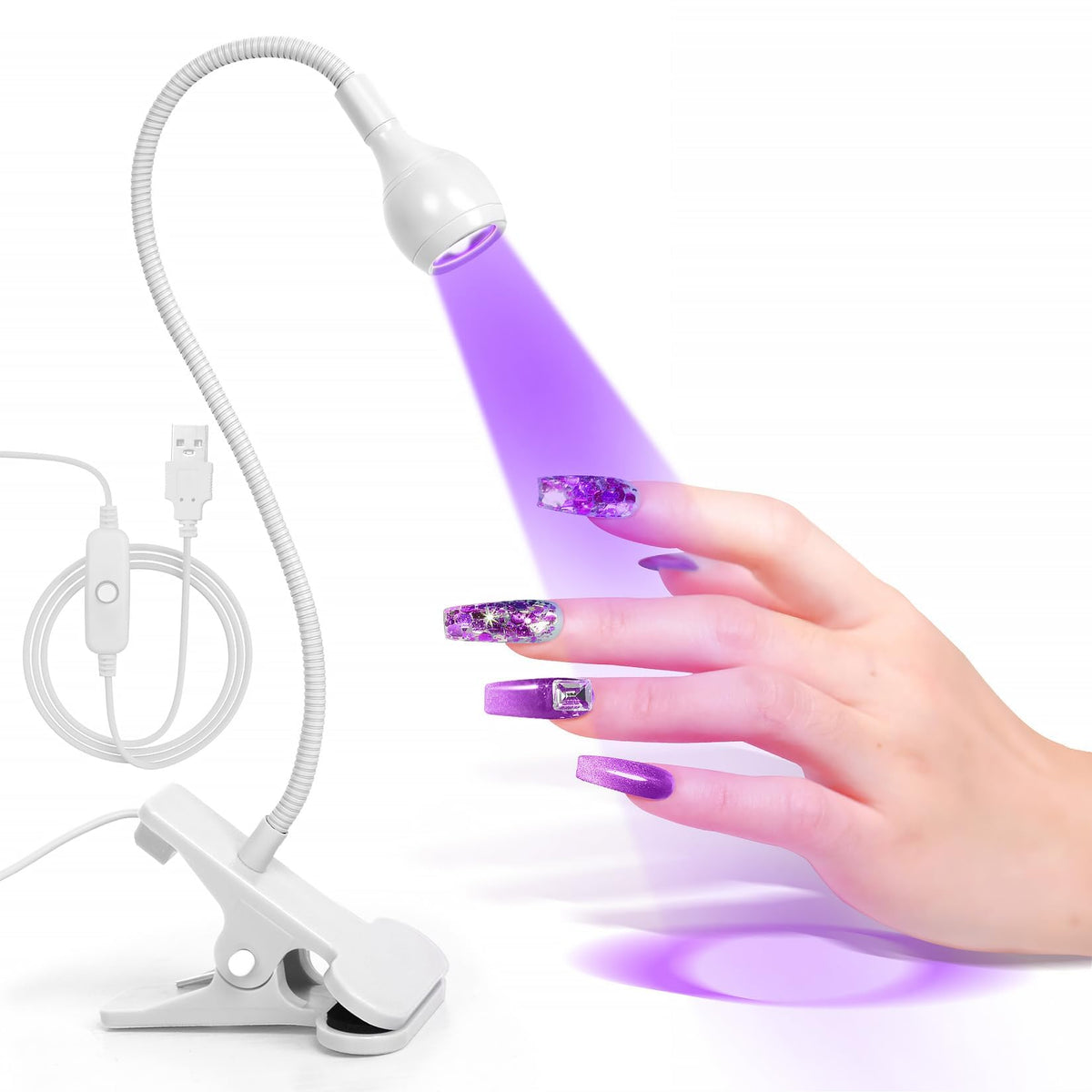 AORAEM LED Nail Lamps 3W Flexible Gooseneck Lamp Quicky Dry Nail Manicure Dryer Gel Polish Curing Light Plug Play Portable Flash Cure Light for Gel Nails Home DIY Professional Nail Tools White