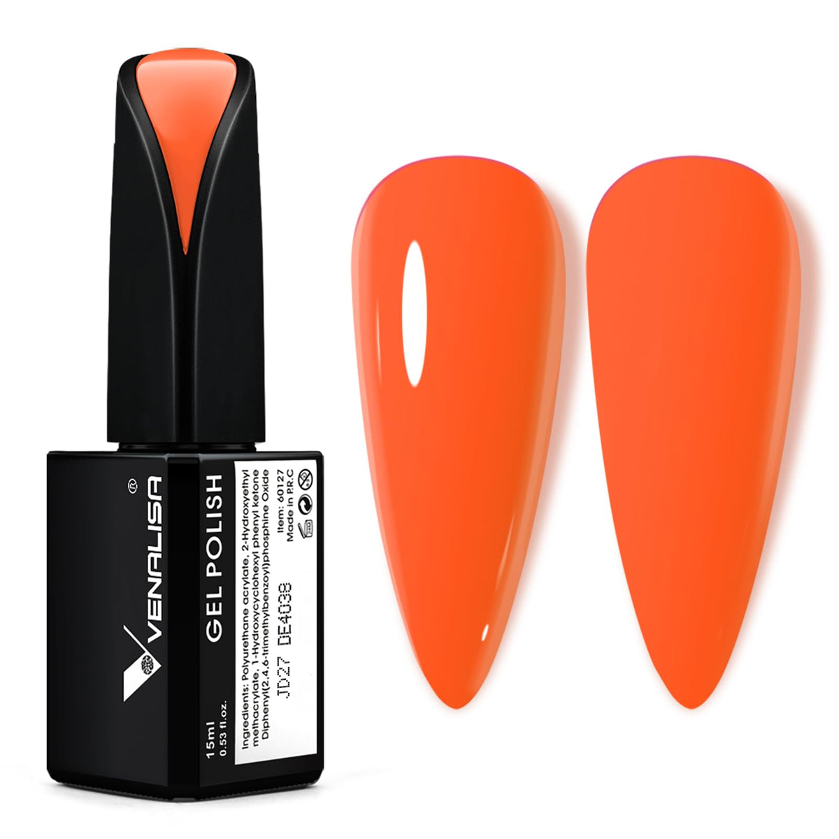 VENALISA 15ml Neon Orange Gel Nail Polish, Bright Orange Gel Polish Color Soak Off UV LED Spring Summer Nail Gel Polish Nail Art Starter Manicure Salon DIY at Home, 0.53 OZ