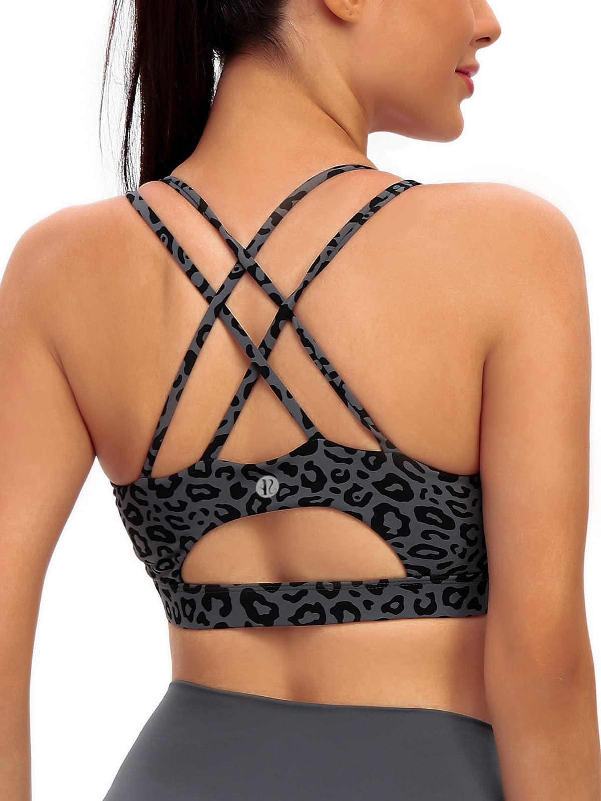 RUNNING GIRL Strappy Sports Bra for Women, Sexy Crisscross Back Medium Support Yoga Bra with Removable Cups (WX2354 Leopard Print, XS)